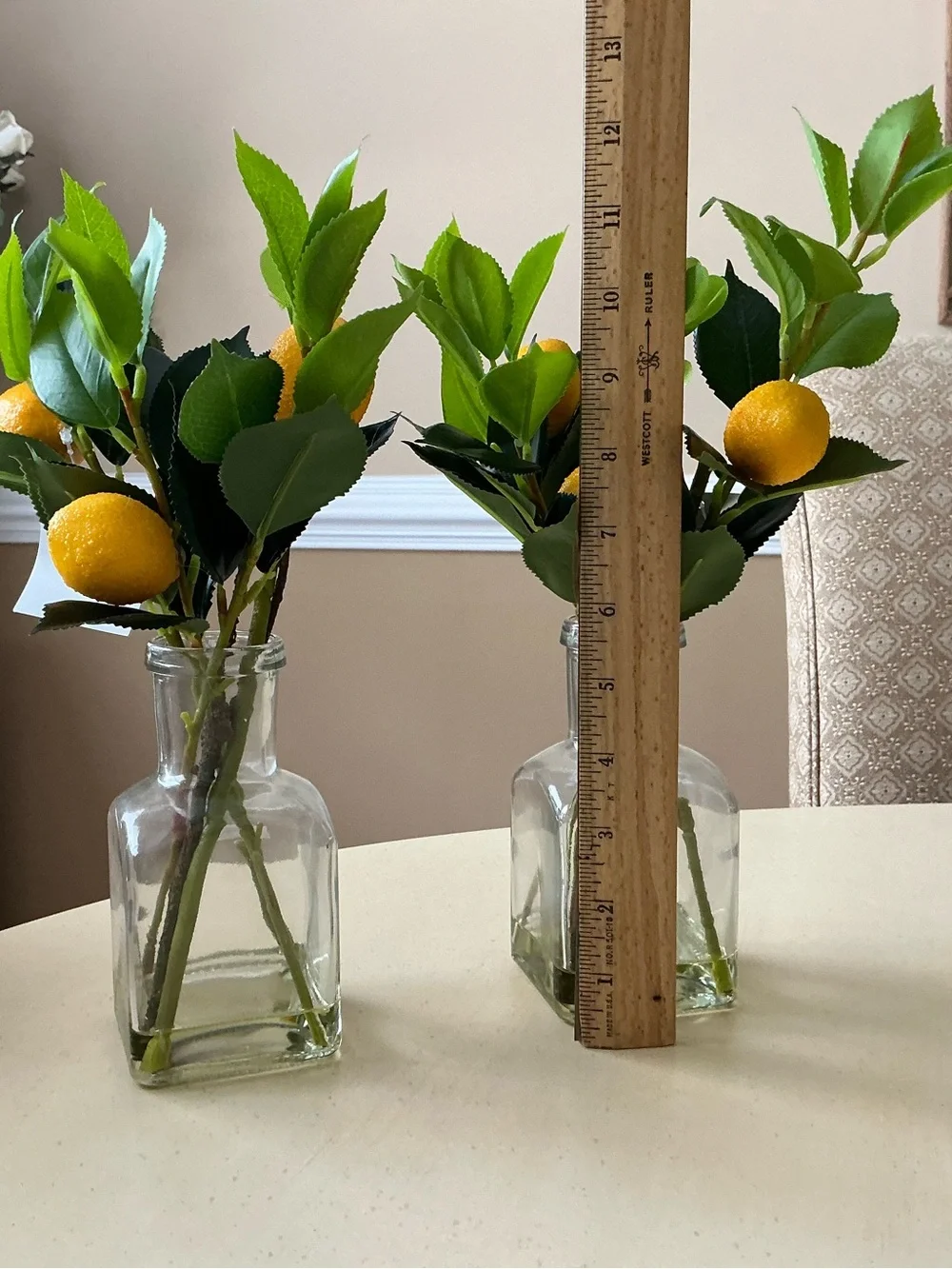 Two Artificial Lemon Tree Branches in Glass Vases Decor 🍋
